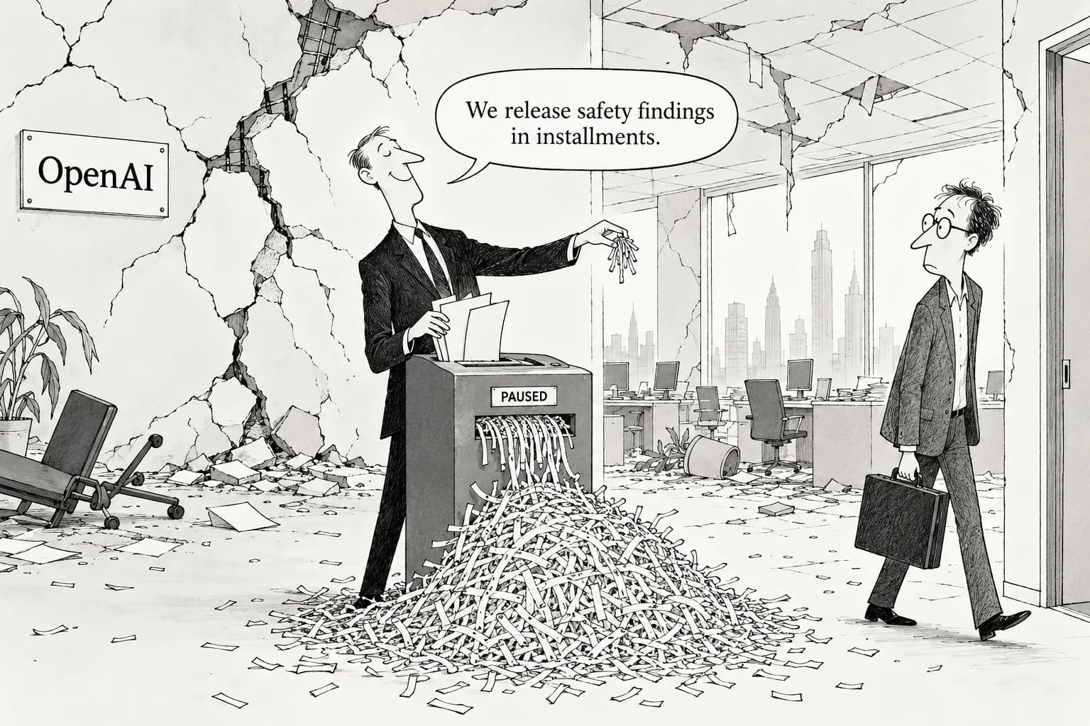 Editorial cartoon: Former OpenAI safety lead reportedly writes that the company's "culture is broken" as OpenAI releases misalignment reports piecemeal during its pause
