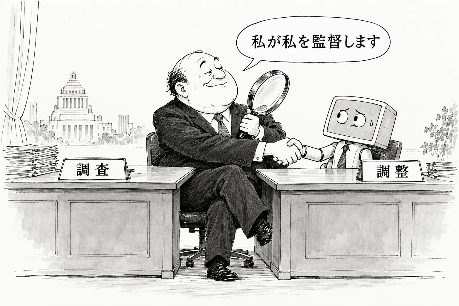 風刺画: 「超知能」を名乗る政権の新組織、調べる側と調整する側が一人に重なる
