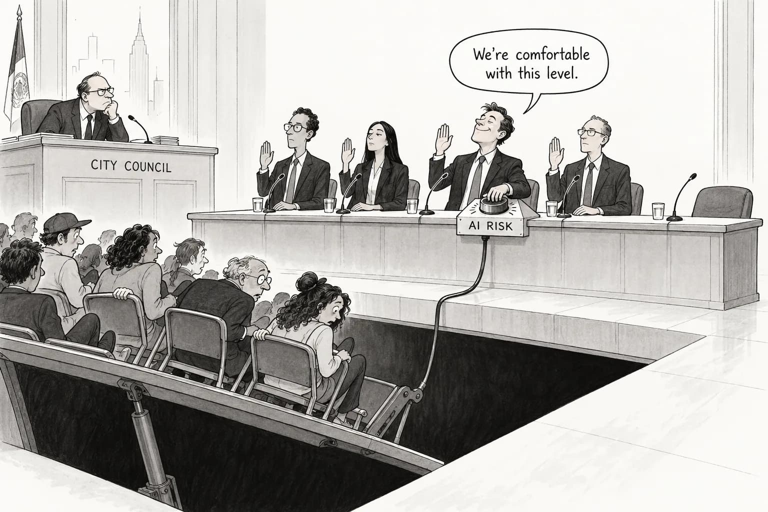 Editorial cartoon: New York City Council puts frontier labs under oath as Altman says the world should "accept some bad things" — who decides how much AI risk to tolerate?
