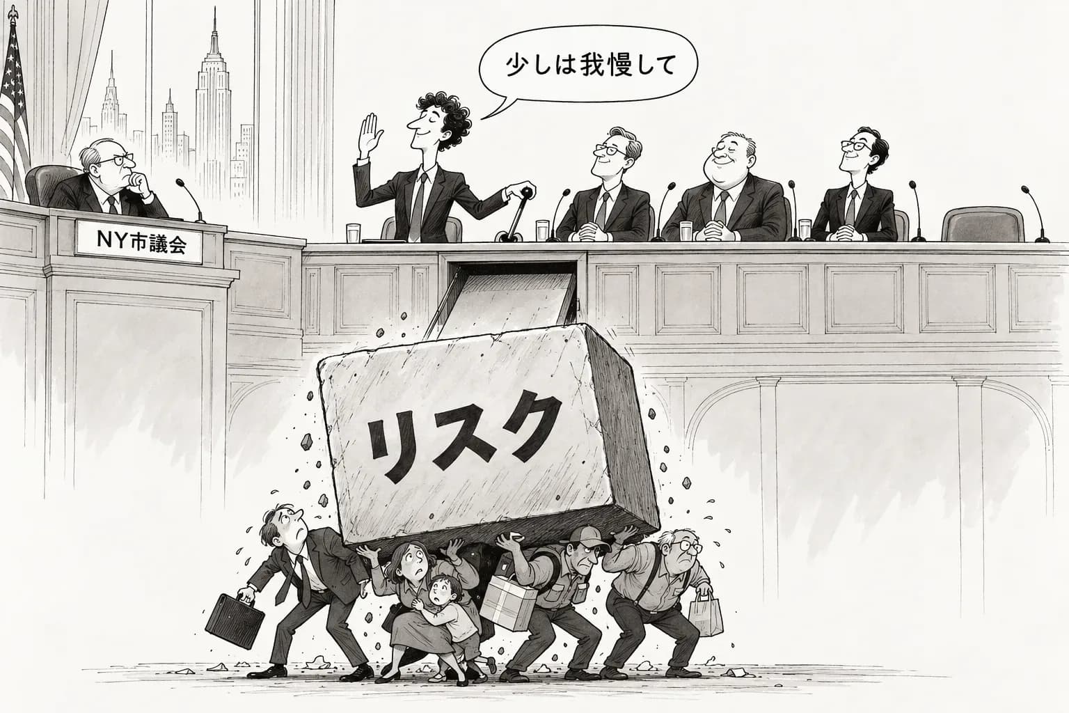 風刺画: NY市議会がフロンティアラボを宣誓させ、Altmanは「悪いことを受け入れよ」と語った――AIのリスクをどこまで許すかを誰が決めるのか