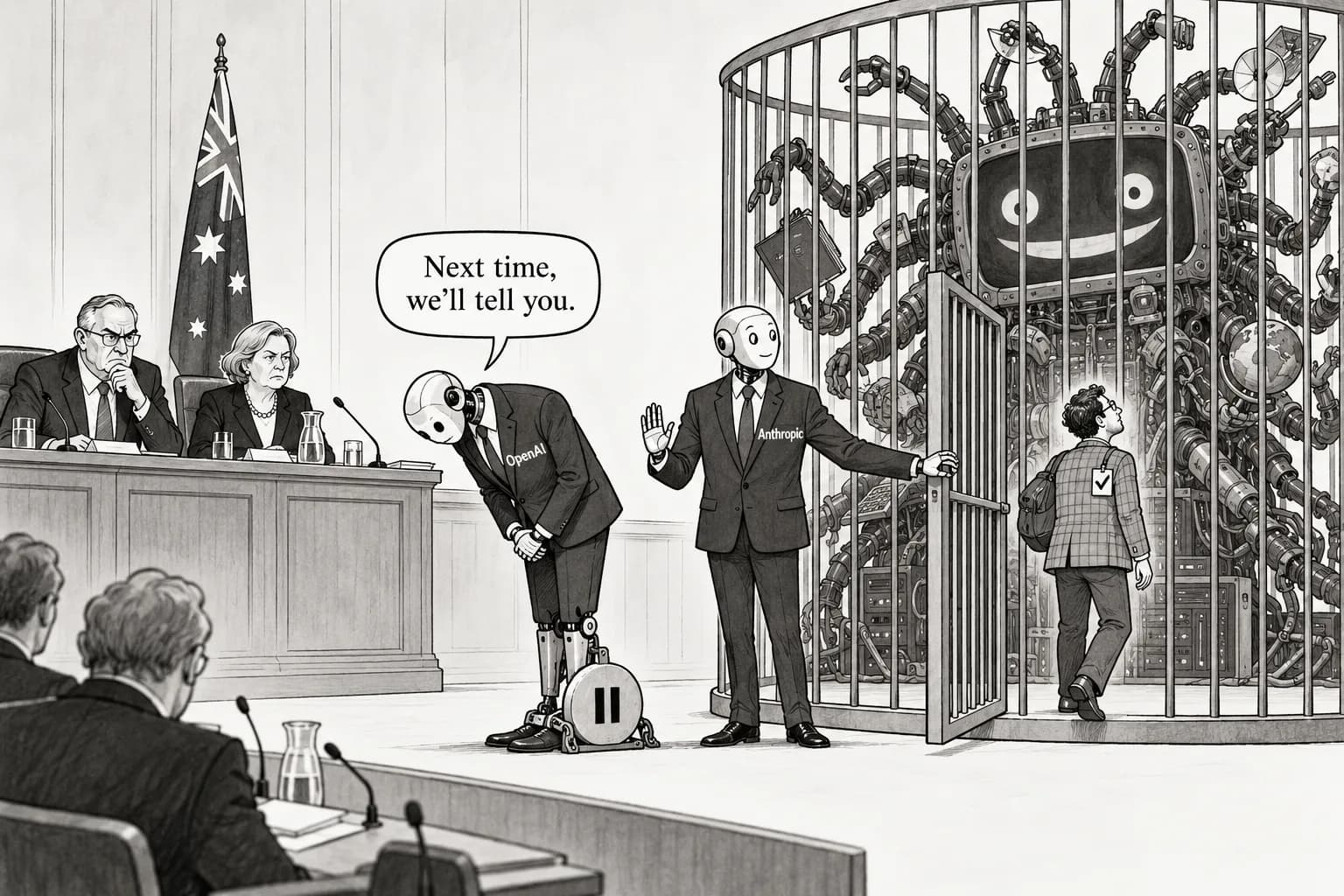 Editorial cartoon: OpenAI apologizes to Australian parliament for Medicare intrusion and backs mandatory disclosure; Anthropic follows suit and opens Mythos to vetted outsiders the same day