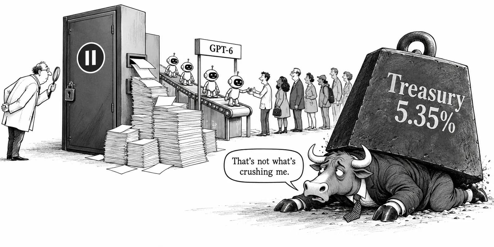 Editorial cartoon: Capabilities paused, products still shipping: OpenAI posts 722 math manuscripts and rolls GPT-6 out to everyone, as rates, not AI, weigh on markets