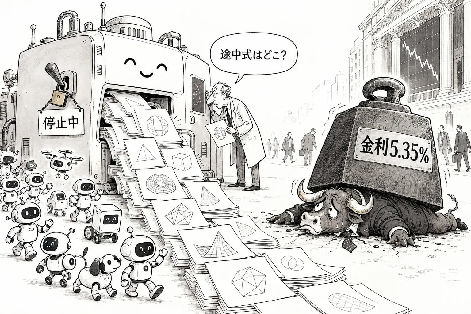 風刺画: 止めたはずの能力、出し続ける製品——OpenAI が数学722本と GPT-6 全面展開、市場の重しは AI ではなく金利