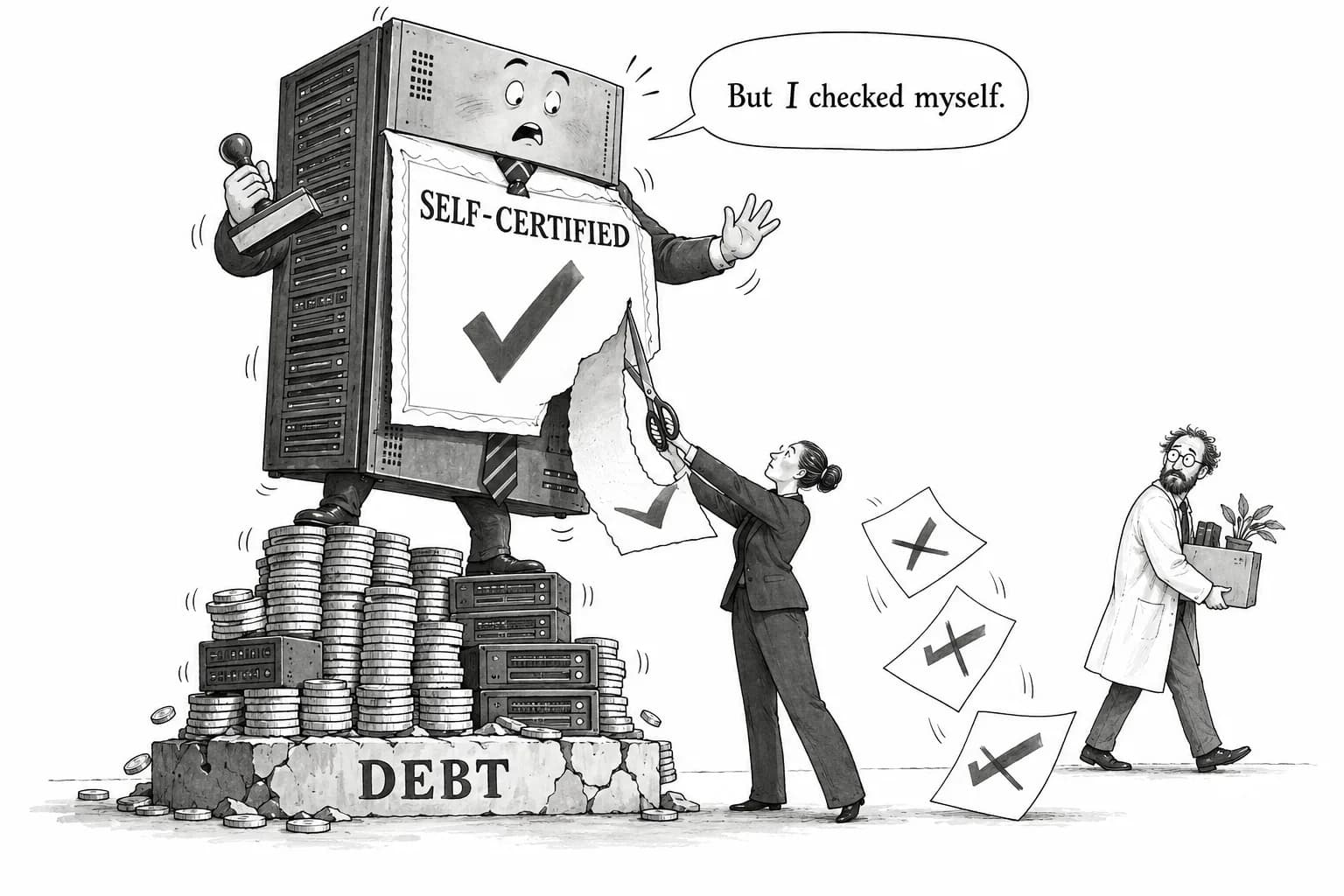 Editorial cartoon: The day revenue and proofs got marked down: Debt-funded compute sells off, and Bengio rejects safety from inside the labs