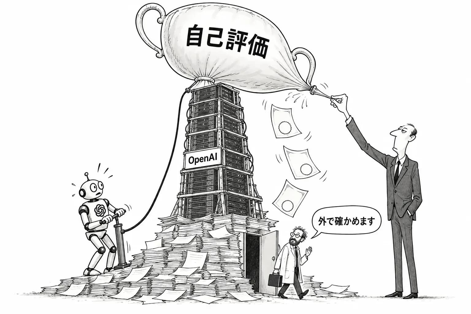 風刺画: 売上も証明も割り引かれた日 借金で建てる計算資源が売られ、Bengio はラボの内側からの安全を否定