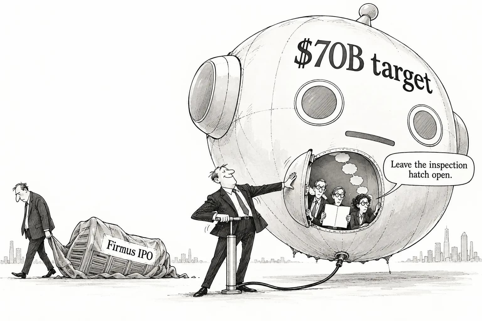 Editorial cartoon: The day markets repriced the AI funding story: Firmus drops its IPO, OpenAI counters with "$70 billion," and fired researchers push back from inside