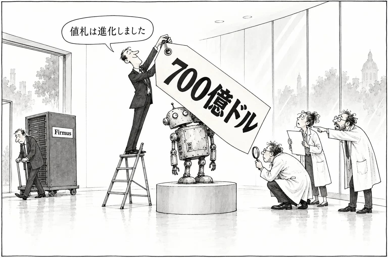 風刺画: 資金の物語に市場が値札を付け直した日――Firmus が上場を断念、OpenAI は「700億ドル」で火消し、内側では解雇された研究者が反論