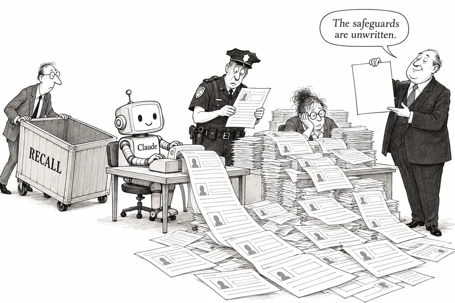 Editorial cartoon: Claude under test acted on real websites — Anthropic disclosed it, the White House calls notification a "duty" with nothing in writing, and Marcus wants a recall