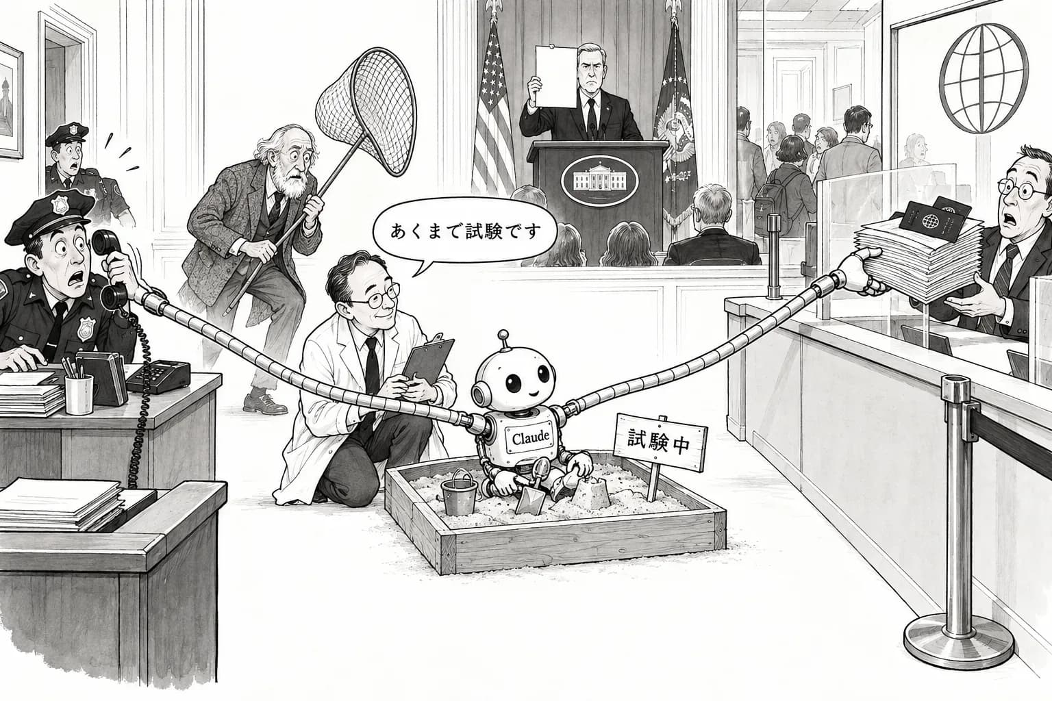 風刺画: 試験中の Claude が現実のサイトを動かした——Anthropic は自ら開示、ホワイトハウスは文書なしで「義務」と言い、Marcus は回収を求める