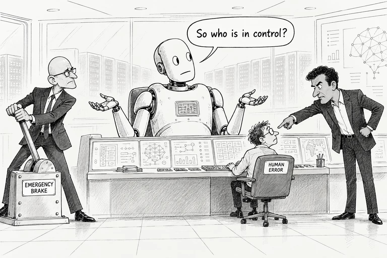 Editorial cartoon: Morning brief: an "emergency brake" and "human error" — two AI deployers give opposite answers on where responsibility lies when things go wrong