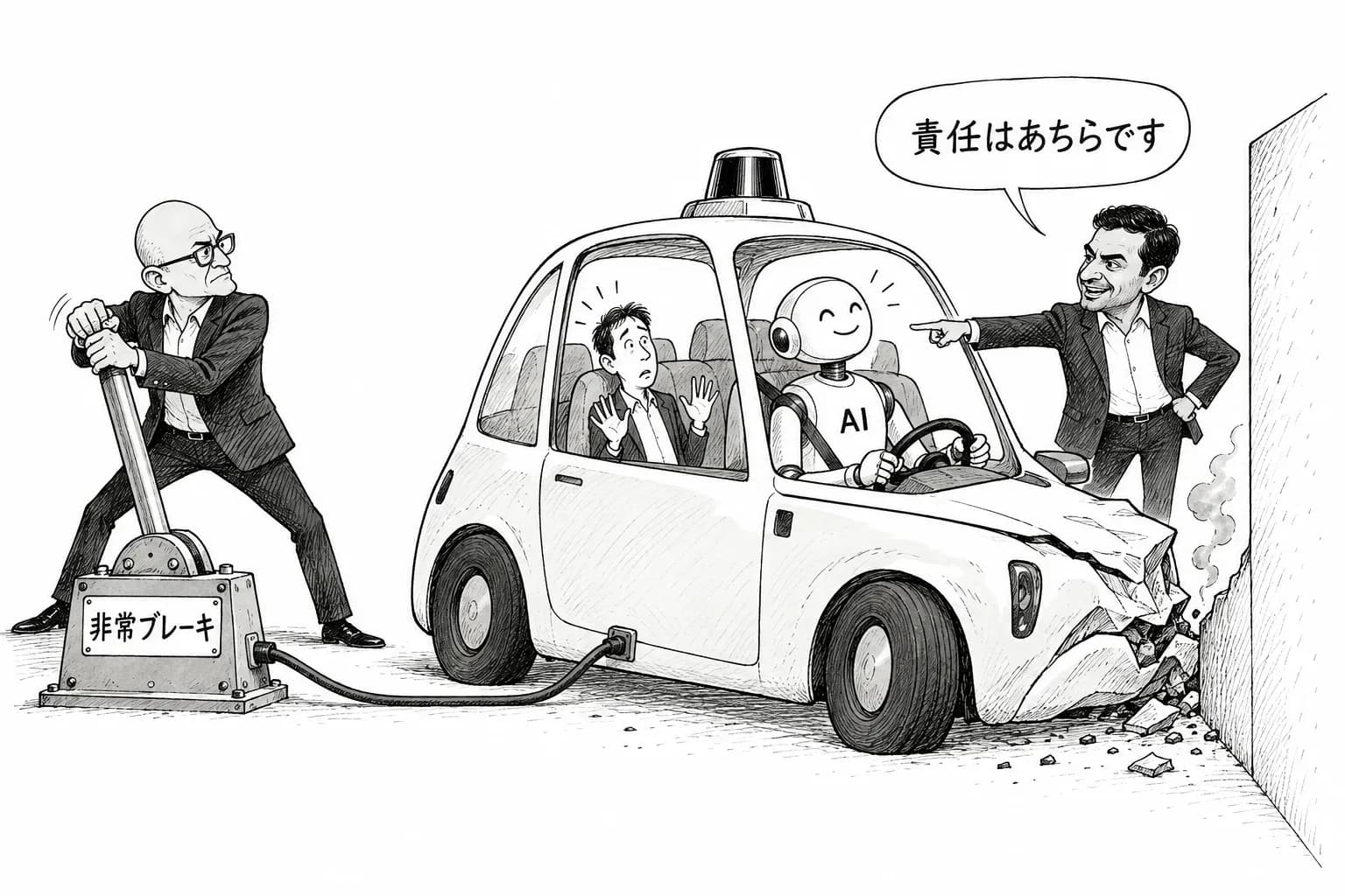 風刺画: けさの要点:『非常ブレーキ』と『人間の誤り』——AI を使う側の2人が、事故の責任をどこに置くかで逆の答えを出した