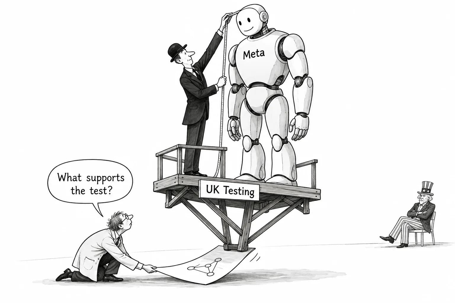 Editorial cartoon: Testing shifts to the UK as Meta nears the frontier, and a same-day paper questions the basis of pre-release testing
