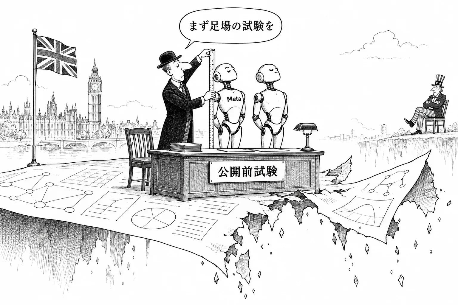 風刺画: 試験の場は英国へ、Meta はフロンティアの近くへ:同じ日に、公開前の試験の前提を揺さぶる論文も出た