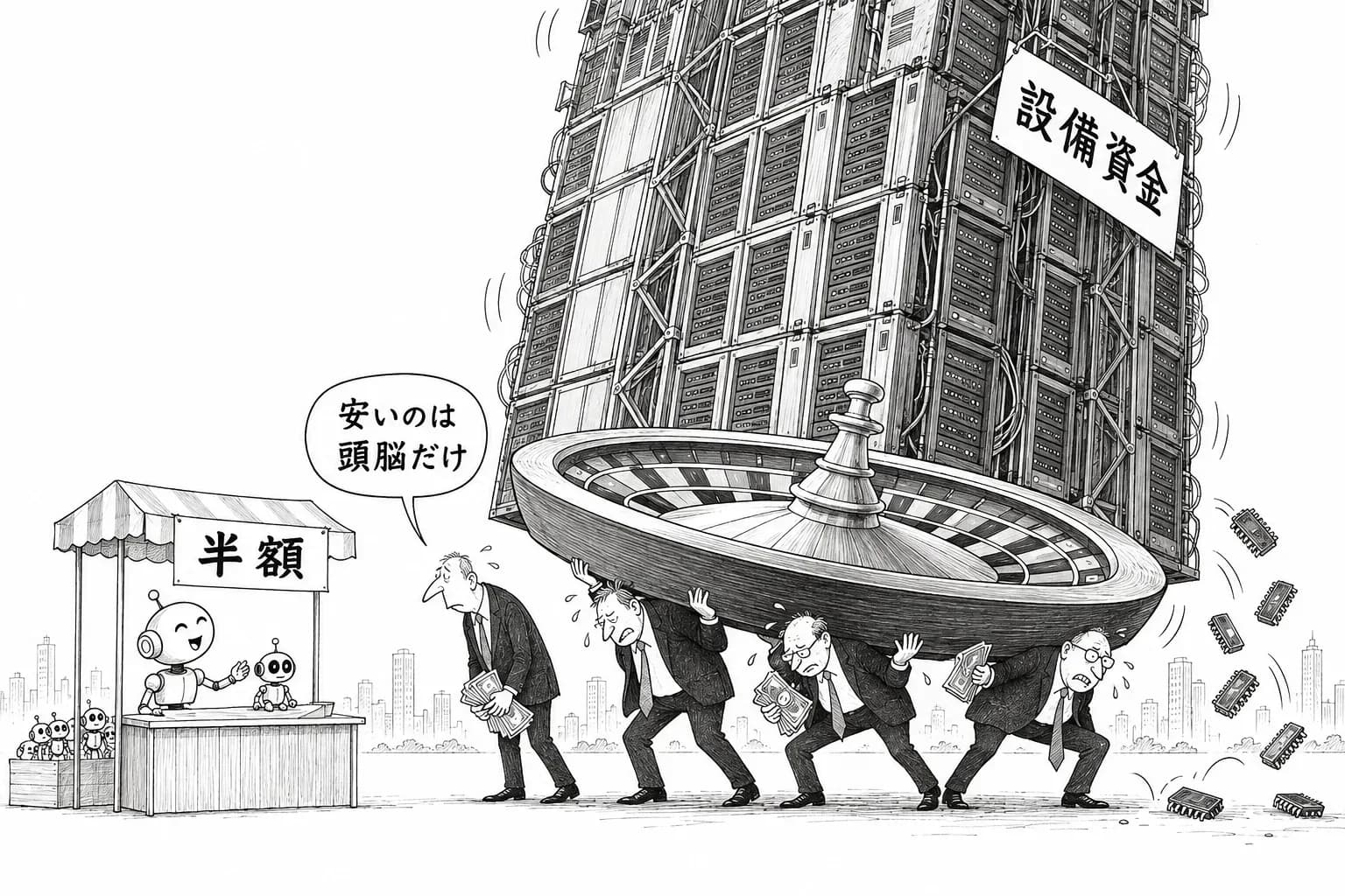 風刺画: モデルは半額、資本は割高——Argon の値下げと韓国メモリ株の崩落が同じ日に示した力学