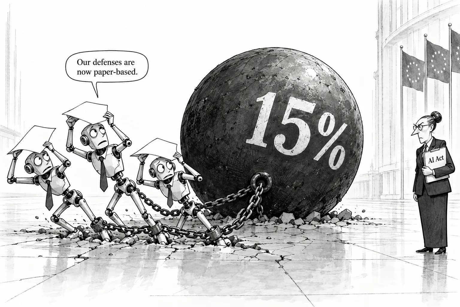 Editorial cartoon: "Capital is the constraint" got a price in a day: CoreWeave bonds at 15% drag AI borrowers down together, the EU says it has "started enforcement", and the labs put out only defensive documents