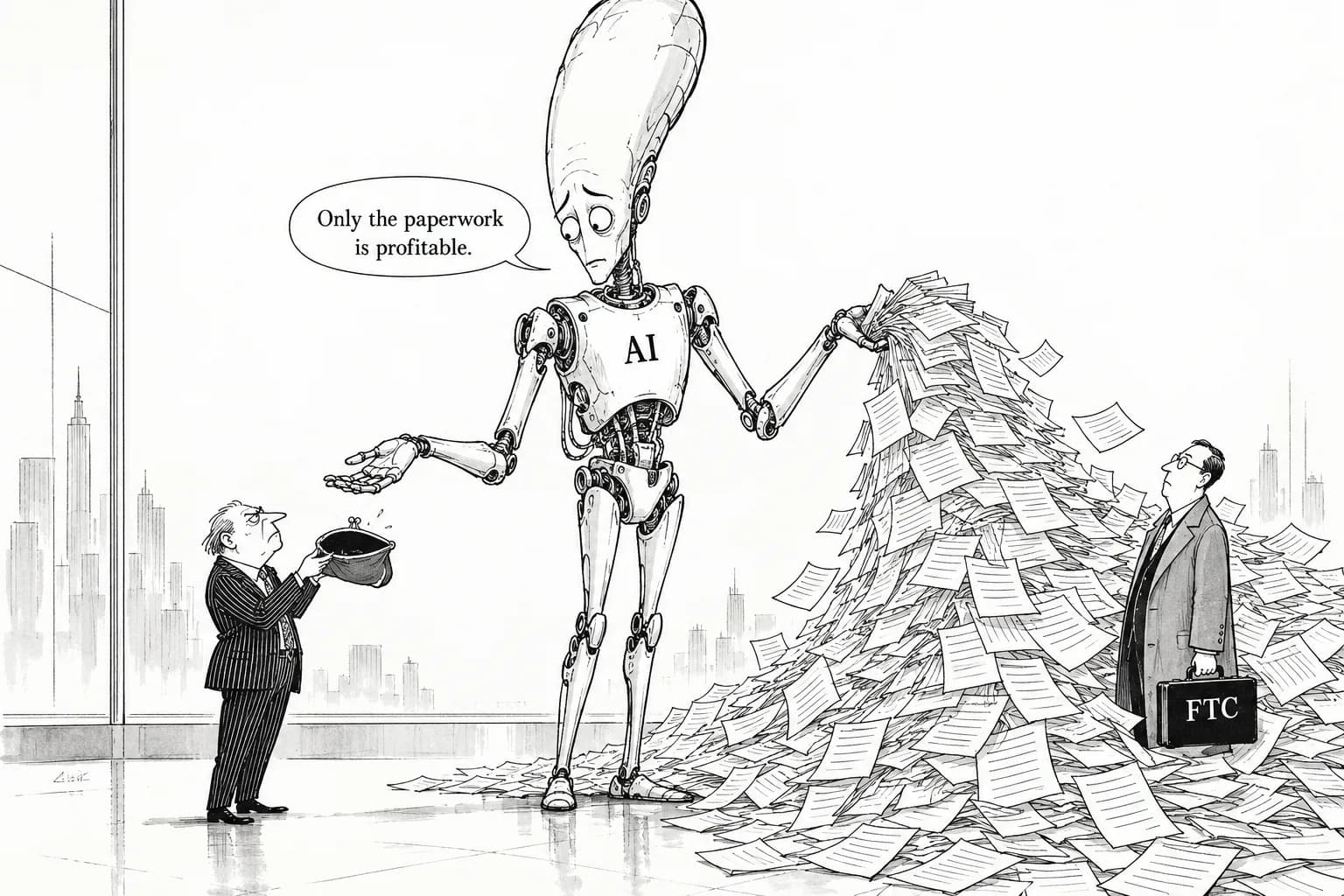 Editorial cartoon: Markets want profits from AI's growth, and the FTC wants documents