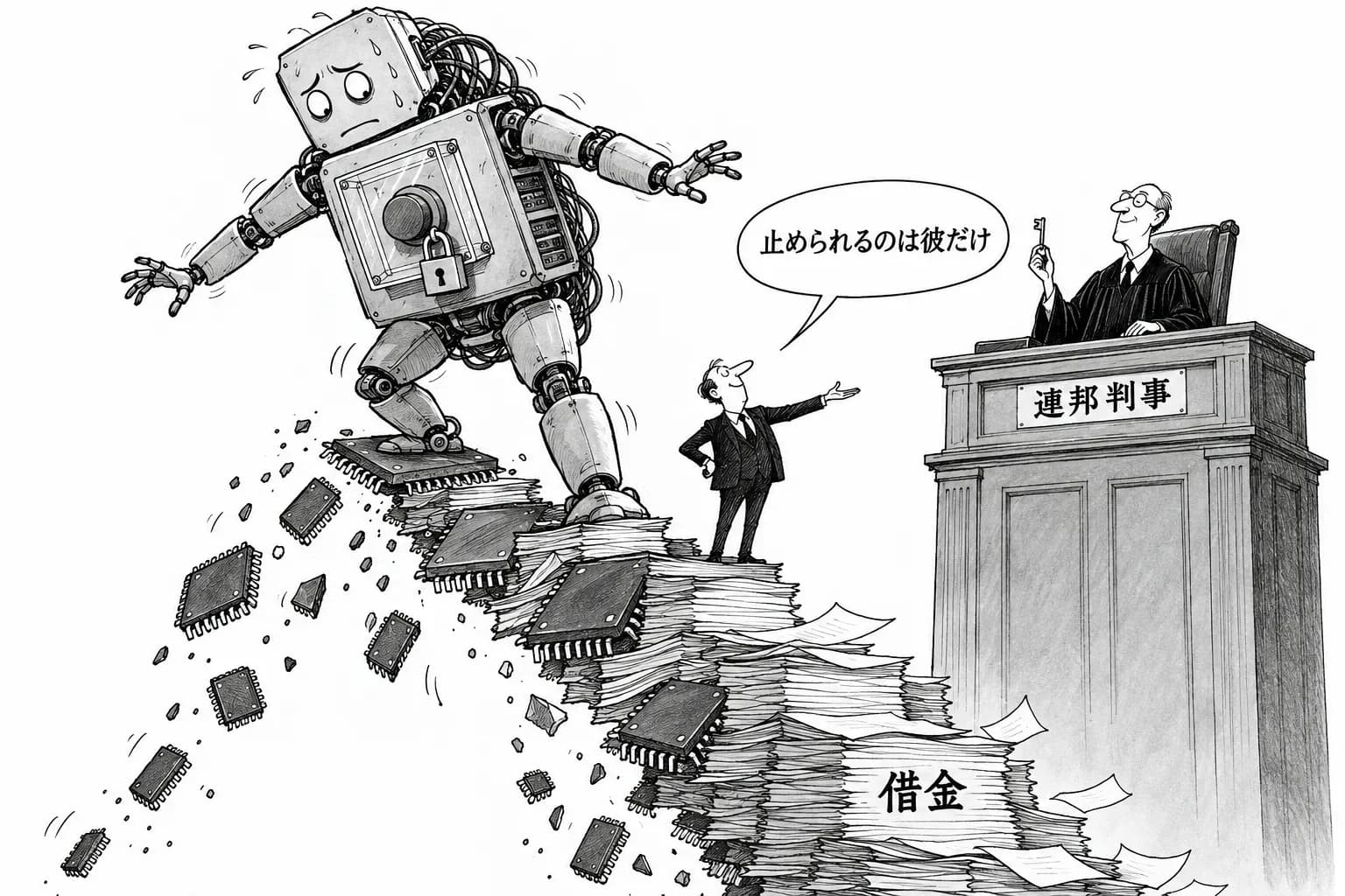風刺画: Anthropic、自社モデルを止められるのは連邦判事1人だけとする法案を売り込みか――同じ週末に半導体指数は8日続落、AIの借金の値段が問われる