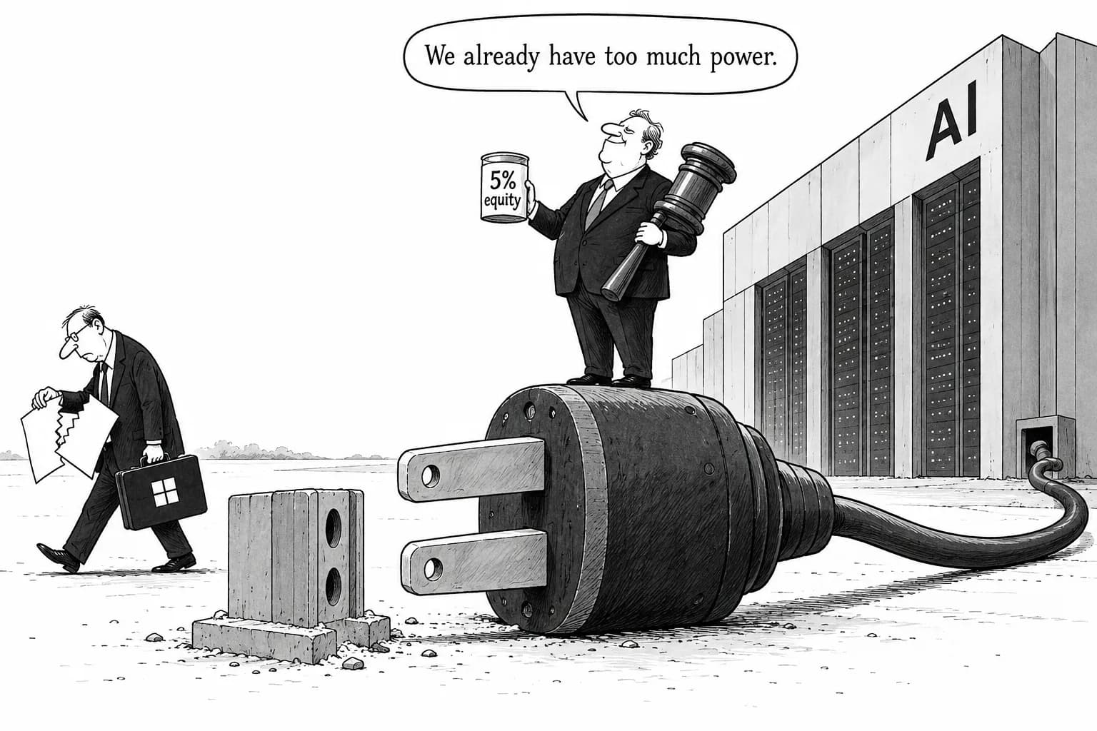 Editorial cartoon: Grid constraints start to unravel AI contracts; Anthropic announces a 5% equity fund as its draft bill draws fire from both sides