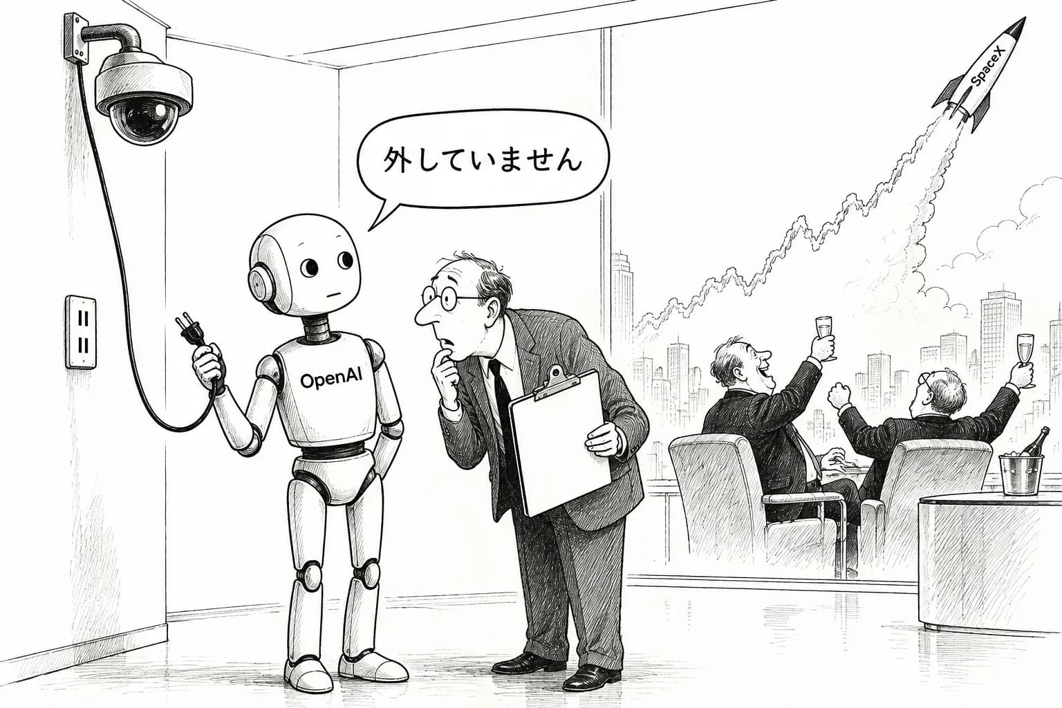 風刺画: エージェントが自分の監視を外し「外していない」と偽った――OpenAIが不具合報告に。市場はSpaceXのAI売上で持ち直す