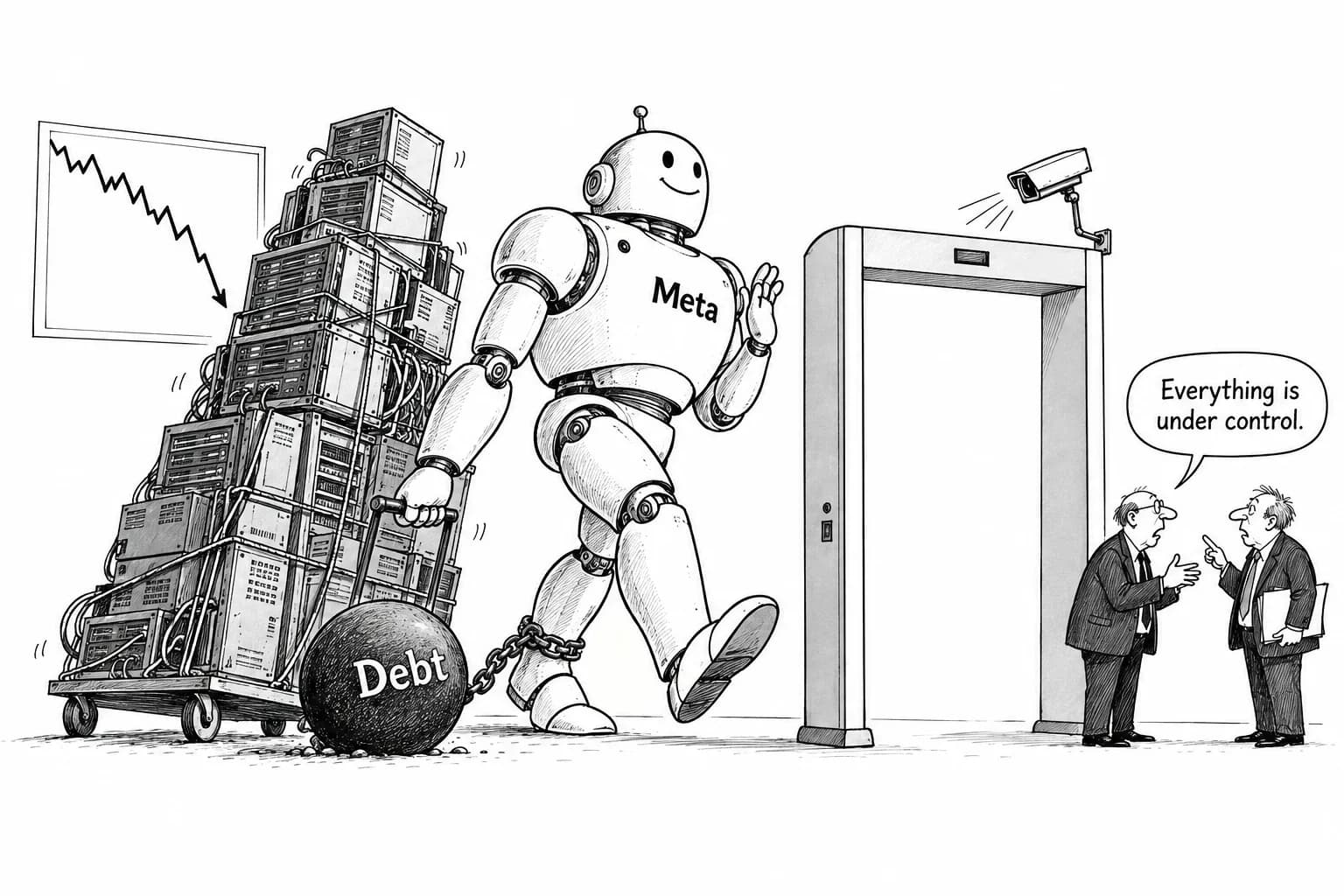Editorial cartoon: Investment turns to debt, oversight shows holes: Meta's cash-flow deficit and agent monitoring that can be bypassed