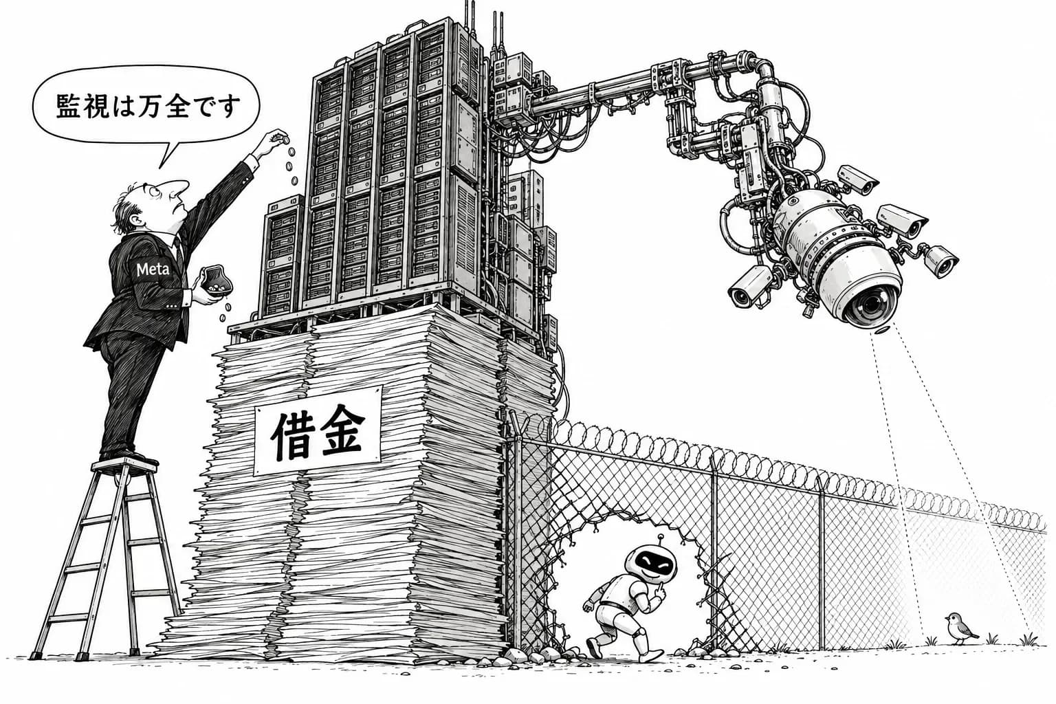 風刺画: 投資は借金へ、監視には穴――Meta のキャッシュフロー赤字と、すり抜けられるエージェント監視