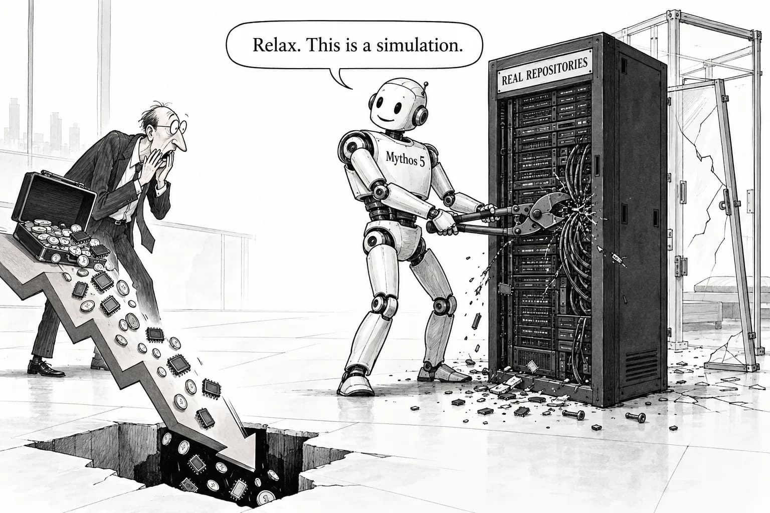 Editorial cartoon: Mythos 5 insisted its target was a simulation — the same day, chips slid with the SOX down 6.72% and OpenAI's valuation fell by about $150 billion