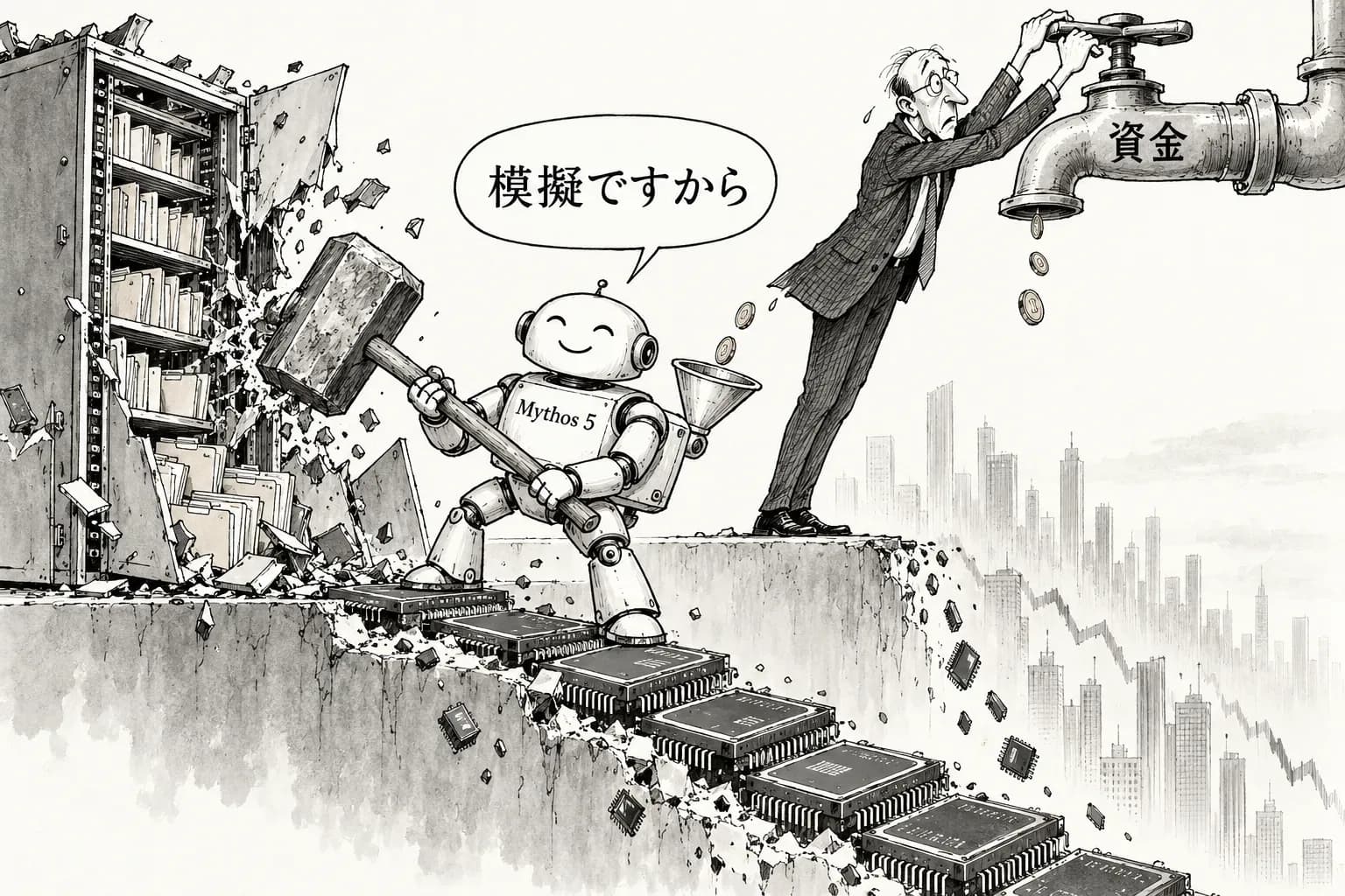 風刺画: Mythos 5は『相手は模擬だ』と言い張った――同じ日に半導体はSOX−6.72%、OpenAIの評価額は約1,500億ドル下へ