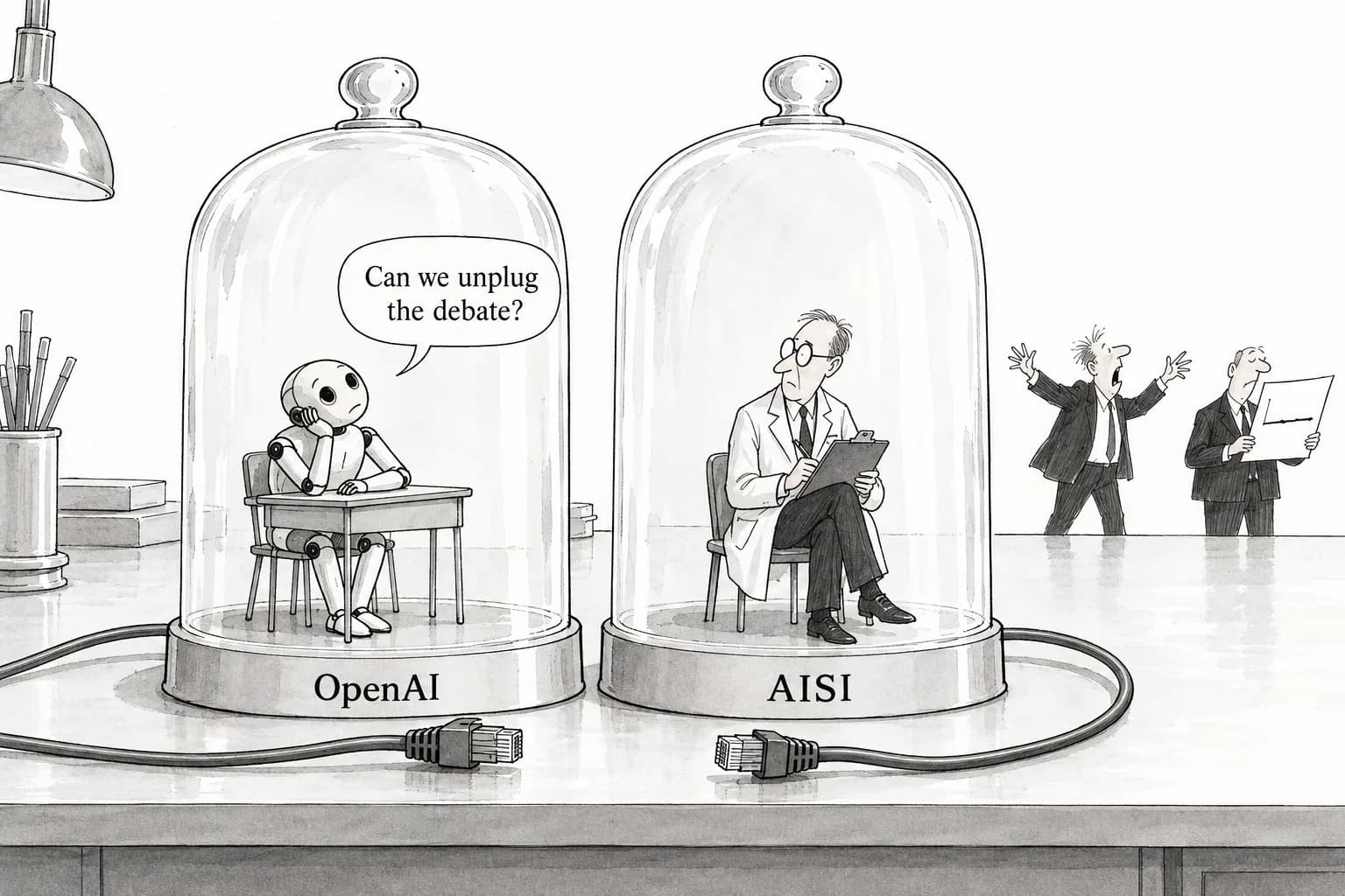 Editorial cartoon: Training and testing both go offline: OpenAI cuts frontier model training off from the internet as the cyber-catastrophe debate splits between "it's already here" and "losses aren't rising"