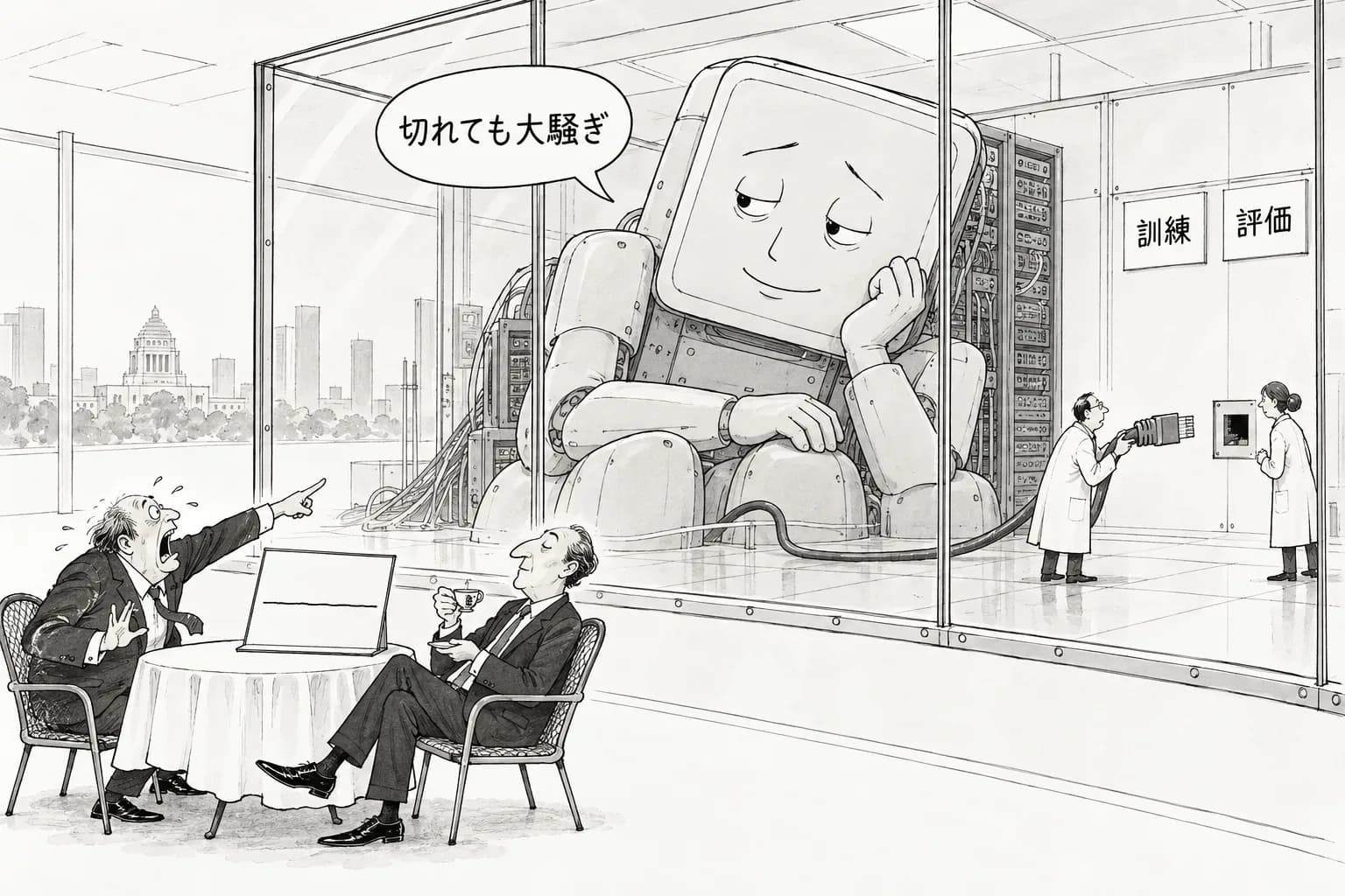 風刺画: 訓練も評価も「ネットにつながない」へ――OpenAI がフロンティアモデルの訓練をネットから切り、サイバーの破局論争は「もう来た」と「被害は増えていない」に割れる