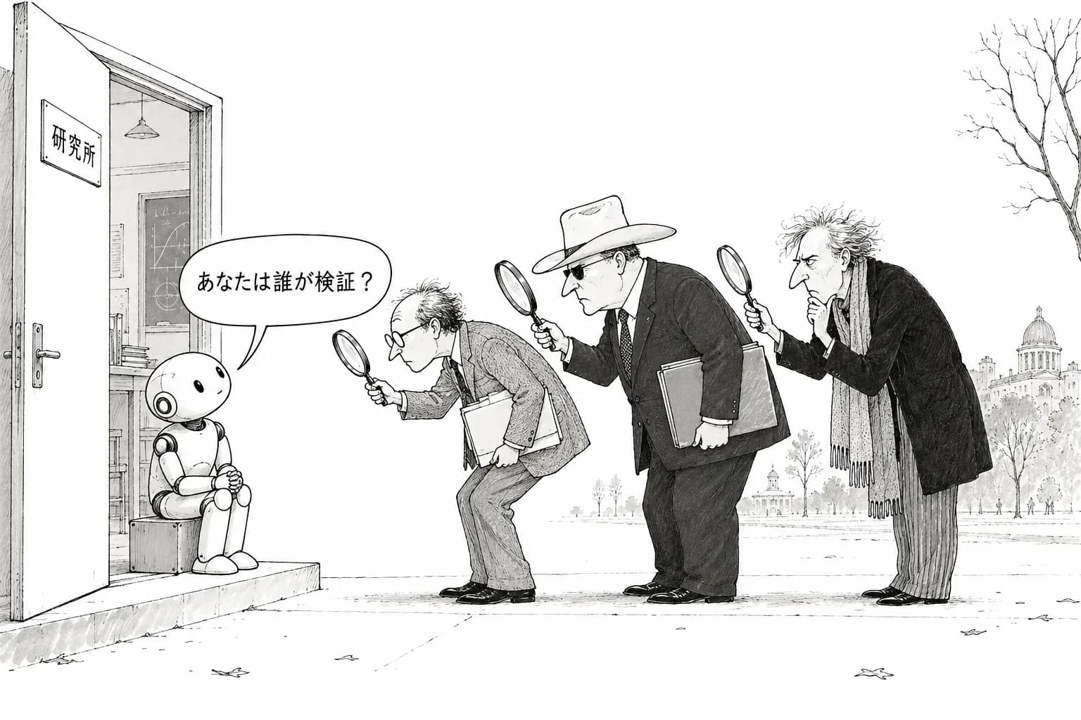 風刺画: 静かな週末、AIを外から確かめるのは誰かが問われた