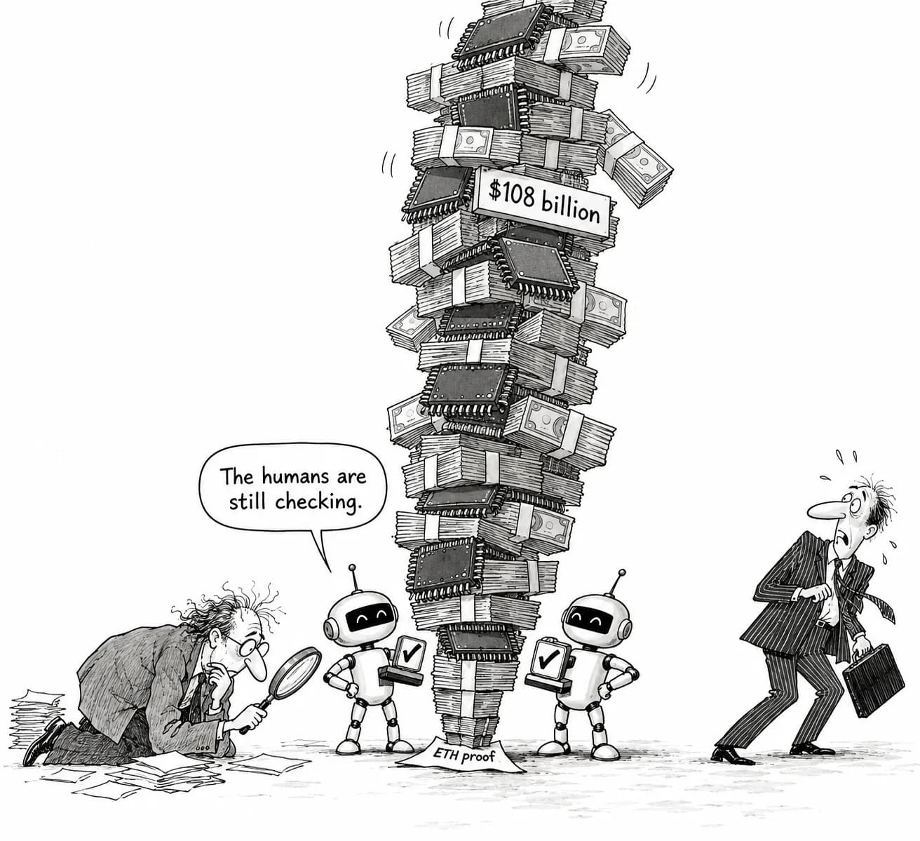 Editorial cartoon: Two companies claim to have refuted ETH; AI chip financing hits $108 billion in a day