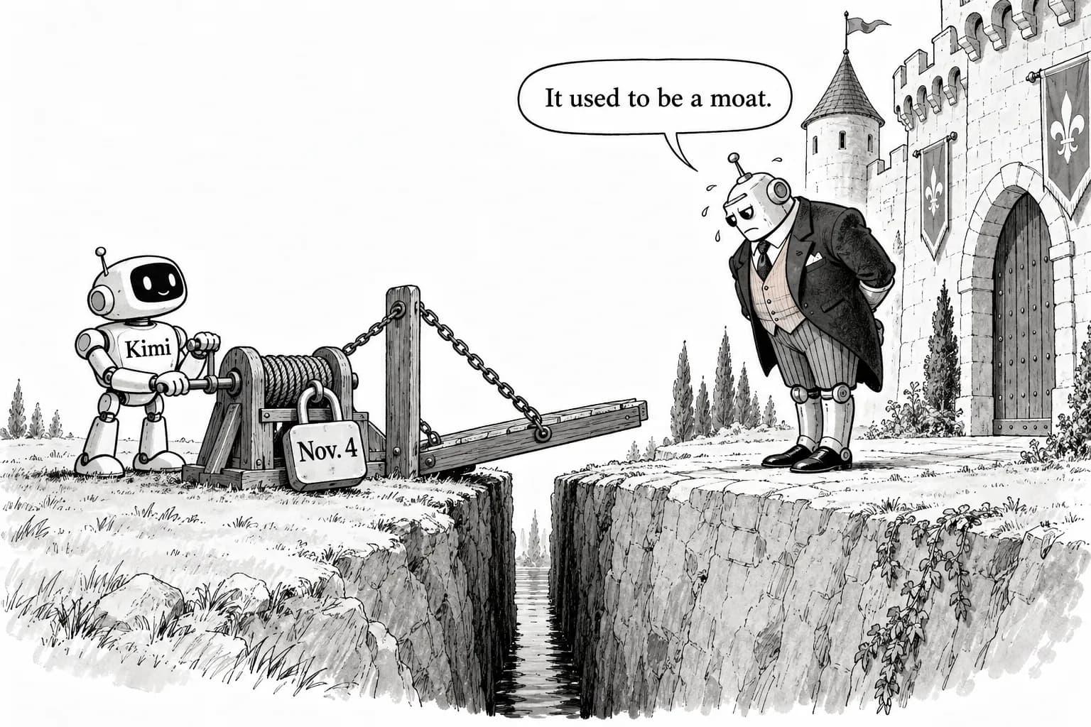 Editorial cartoon: Kimi K3.1 Pro launches at No. 4 on a third-party index; if its weights ship, the open-closed gap narrows to 3 points