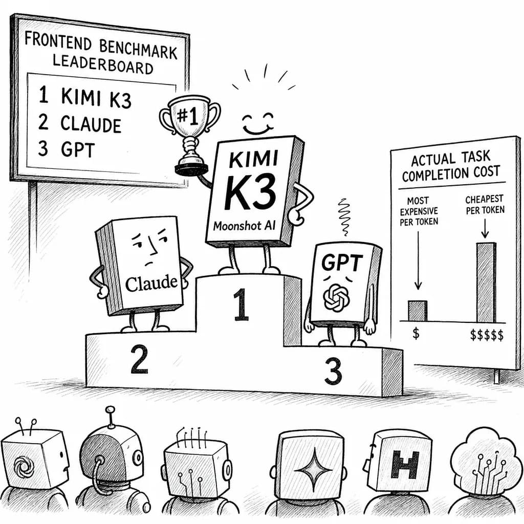 風刺画: 中国発Kimi K3がフロントエンド開発ベンチマークで首位に、Claude・GPTとのスコア競争が新局面へ
