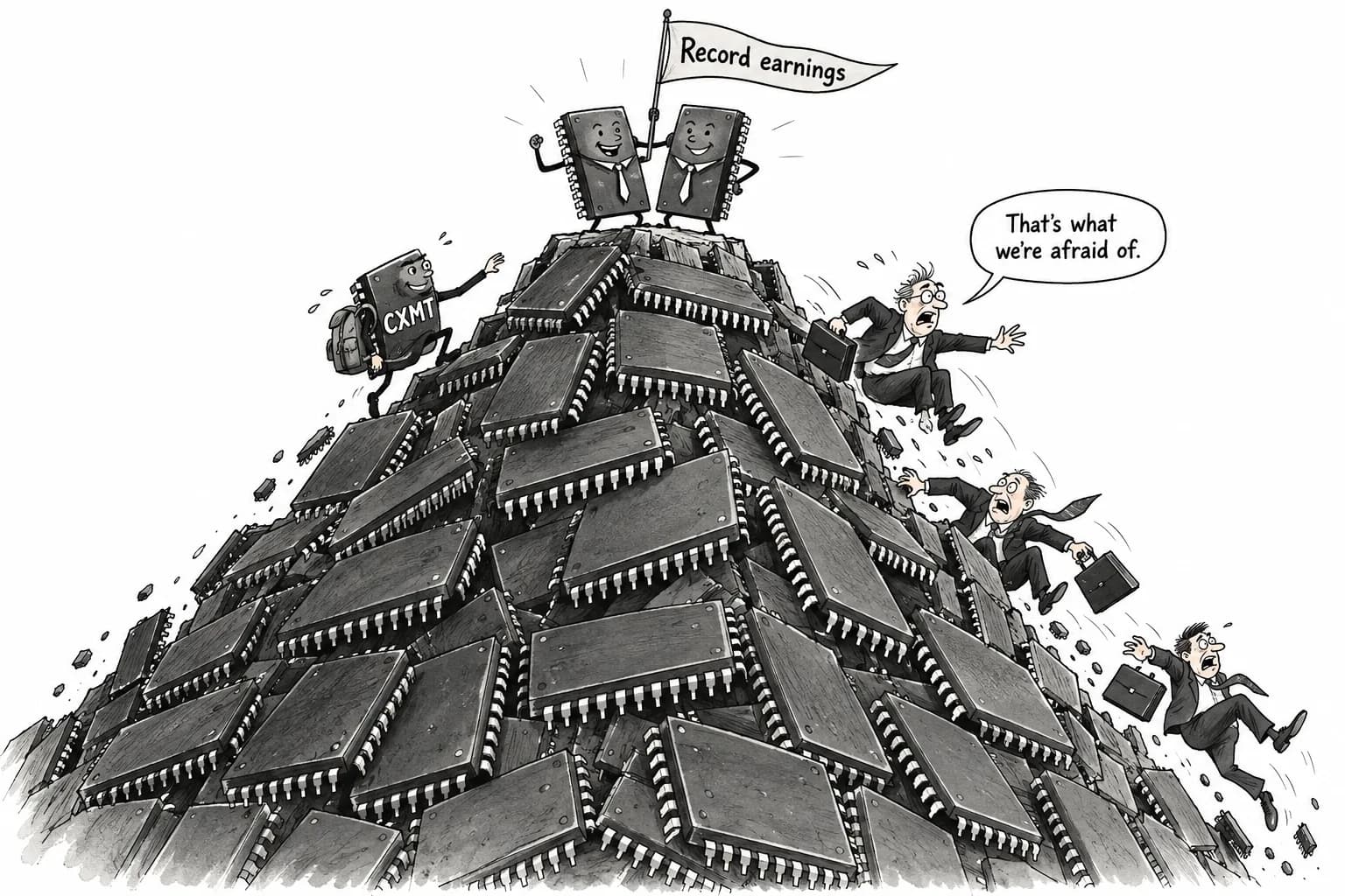 Editorial cartoon: KOSPI falls 3.65%, SK hynix −4.5% and Samsung −4.4% as CXMT's new DRAM design fuels talk of a memory peak