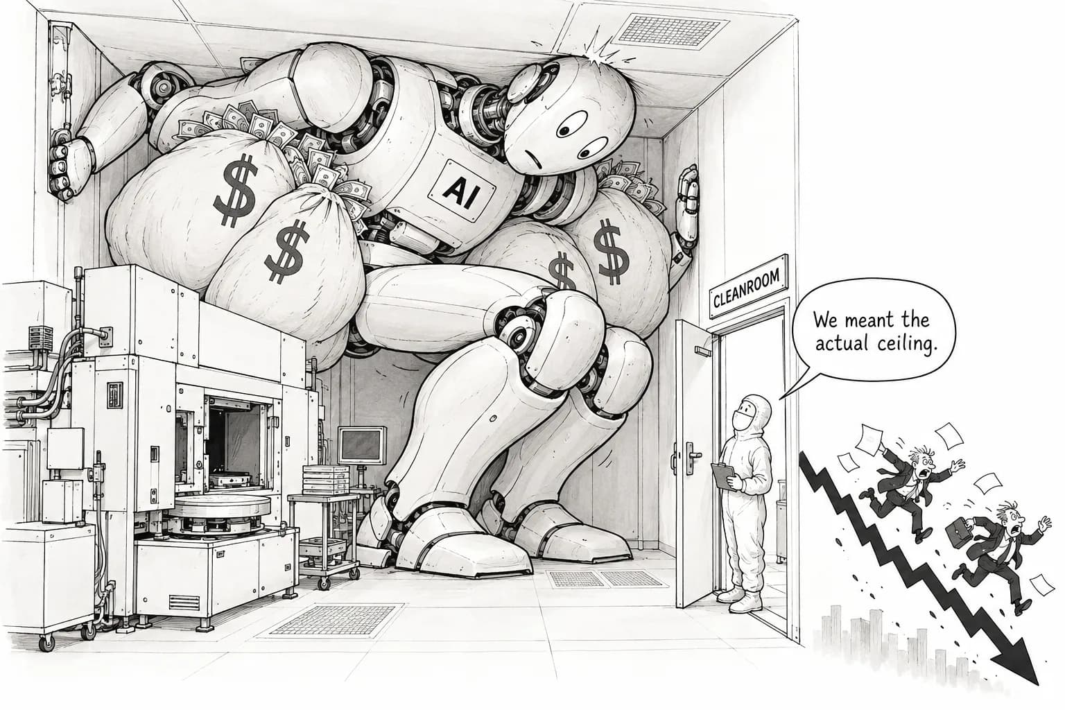 Editorial cartoon: Lam Research says its outlook "would have been higher" without supply-chain limits, with cleanroom and parts shortages lasting through 2027; chip stocks sell off worldwide the next day