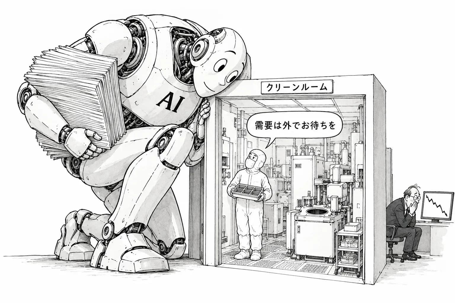 風刺画: Lam Research「供給網の制約がなければ見通しはもっと高かった」――クリーンルームと部品の不足は2027年まで、翌日に半導体株が世界で売られる