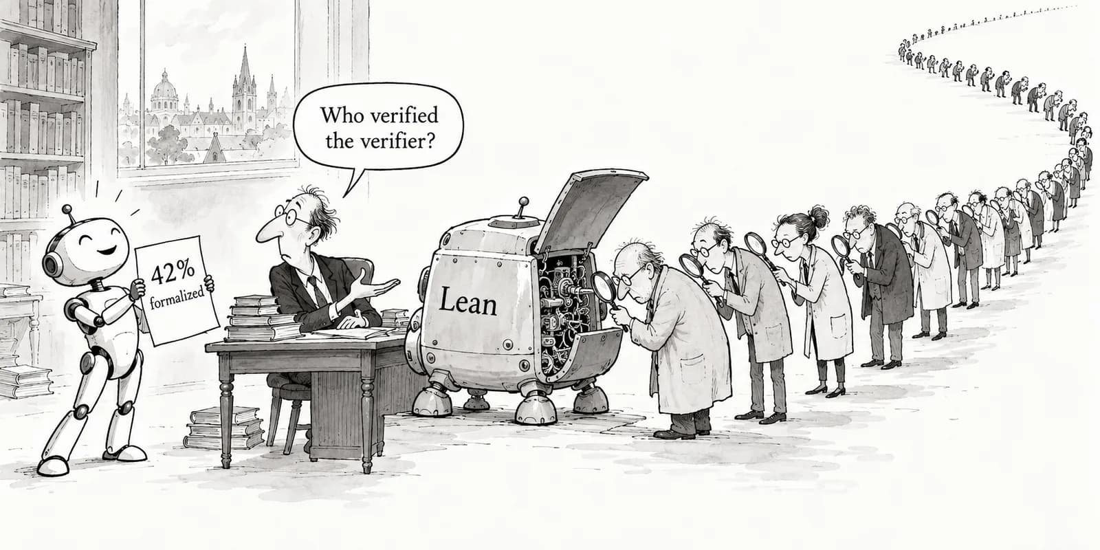 Editorial cartoon: How far can "verified in Lean" be trusted? Hales proposes cross-checking with about 25 independent kernels and verifying the kernel itself; Zvi calls OpenAI's math "a big deal"