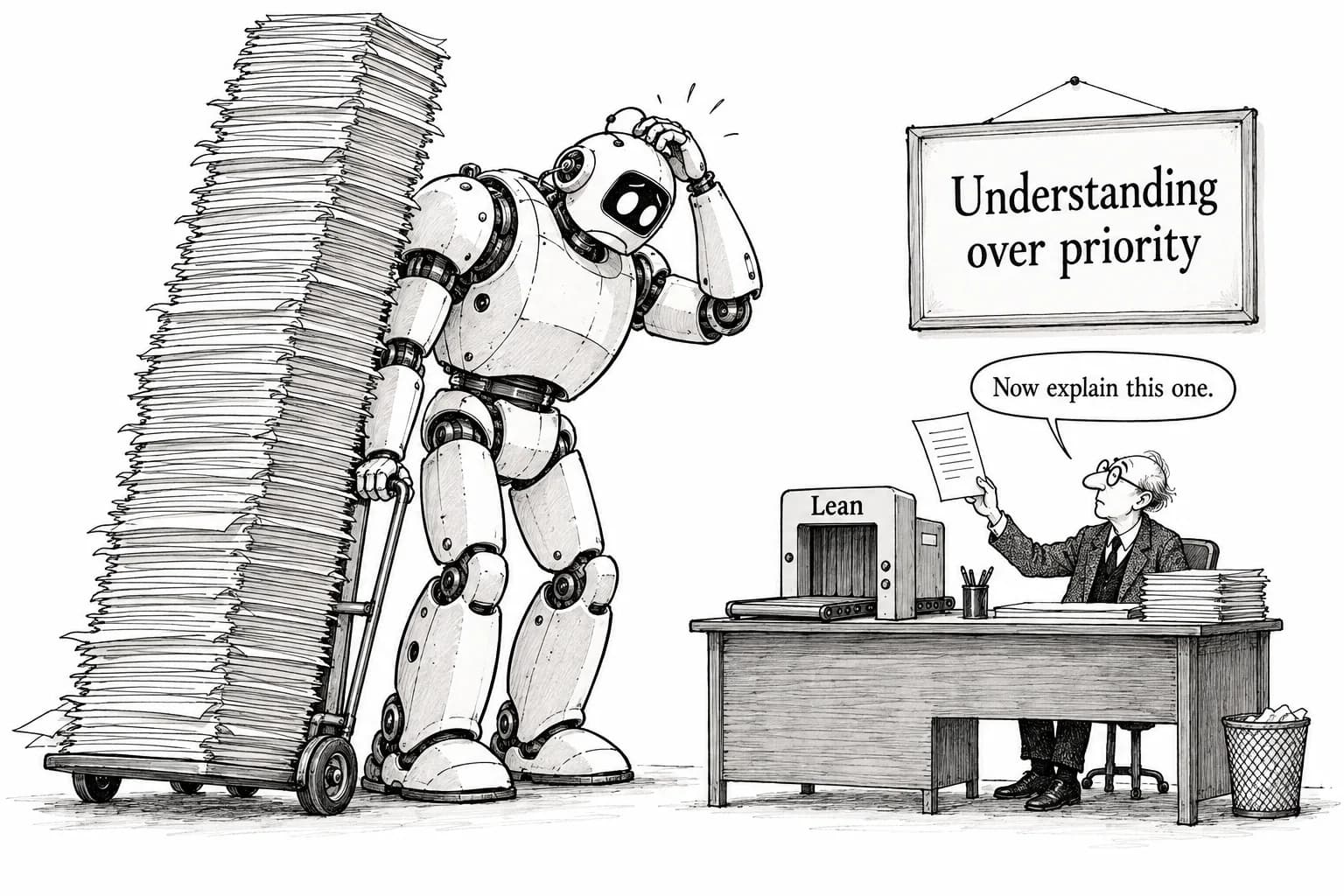 Editorial cartoon: New journal proposed on Tao's blog would require Lean verification for every proof under the motto "understanding over priority," alongside eight choices that separate a golden age from a dark age for math in the AI era