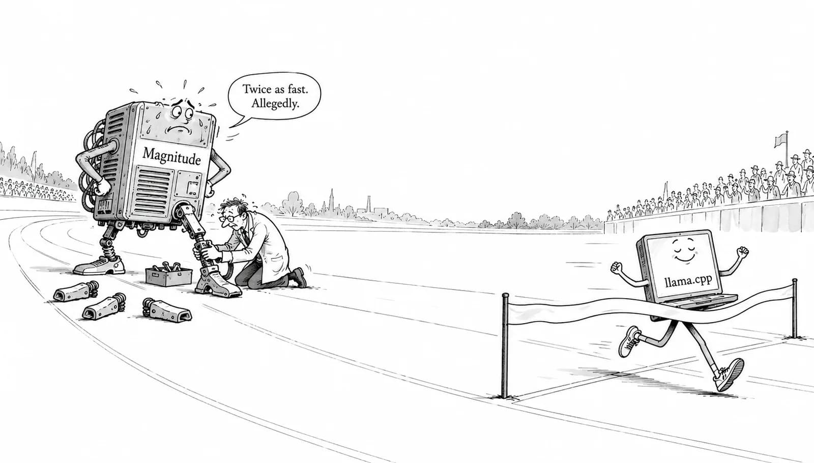Editorial cartoon: Magnitude says it's up to 2x faster than llama.cpp, but early testers clocked llama.cpp at 2x faster