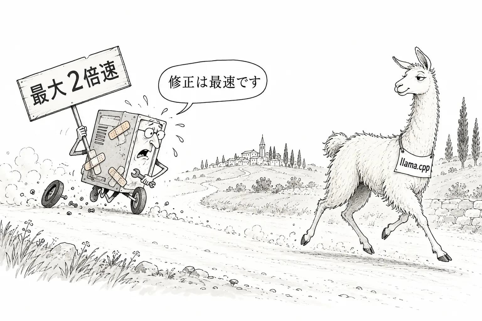 風刺画: 「llama.cppの最大2倍速い」Magnitude、試した人の計測では逆にllama.cppが2倍速かった件