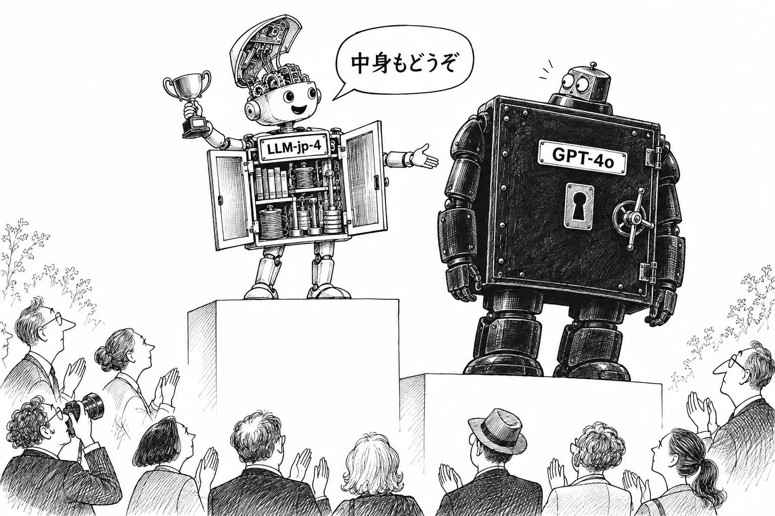 風刺画: 国産LLM「LLM-jp-4」オープンソース公開、日本語ベンチマークでGPT-4oを上回る——NIIが学習データ・重みまで全公開