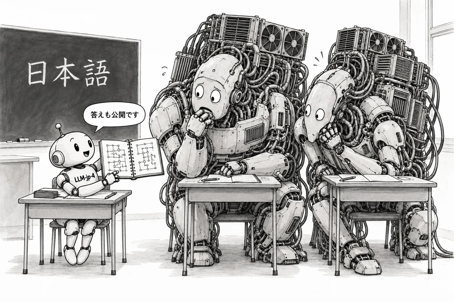 風刺画: 国産LLM「LLM-jp-4」オープンソース公開、日本語MT-Benchで7.82を記録しGPT-4o・Qwen3-8Bを上回る