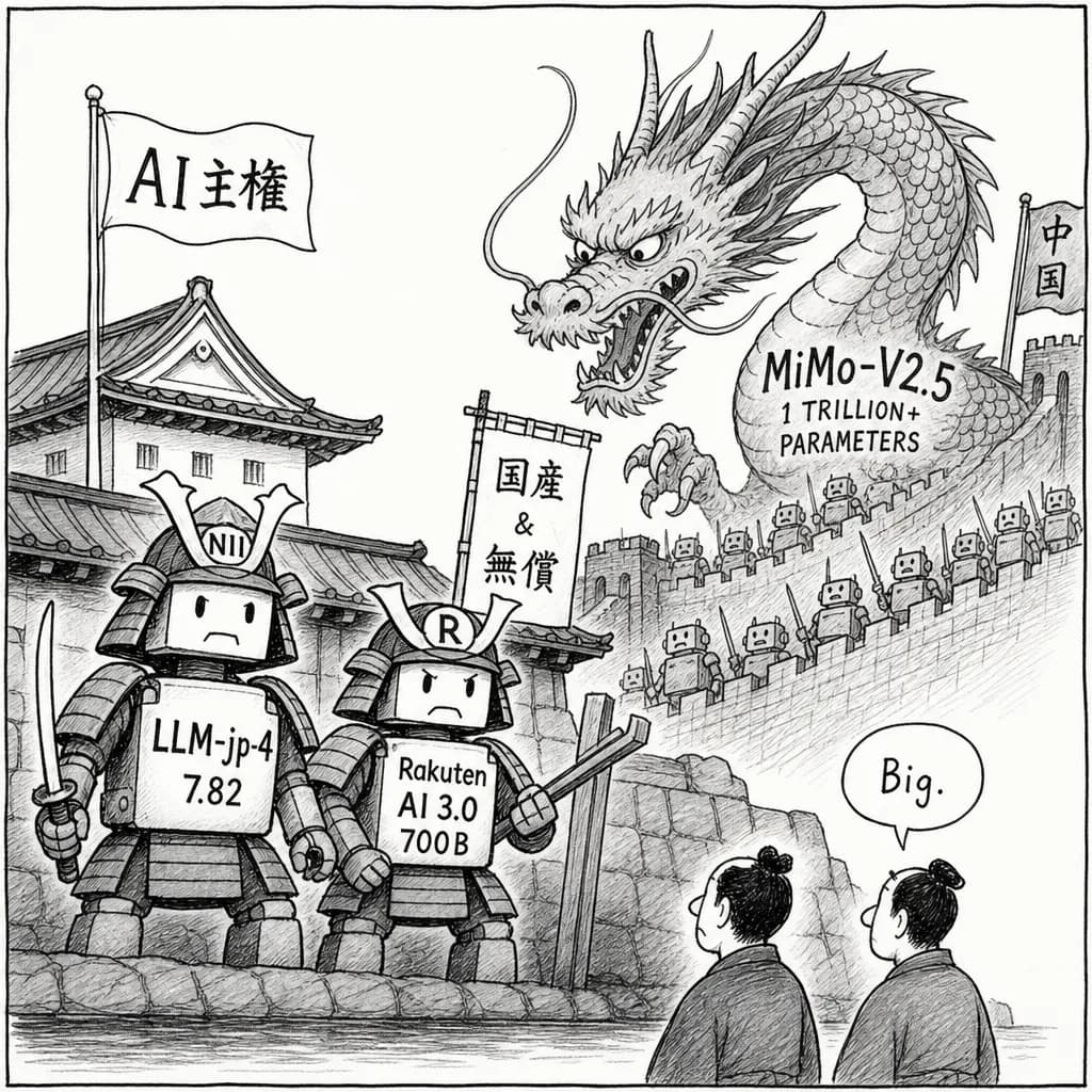 風刺画: 国産オープンソースLLM「LLM-jp-4」と「Rakuten AI 3.0」が公開——中国勢の猛攻に日本は「AI主権」で対抗