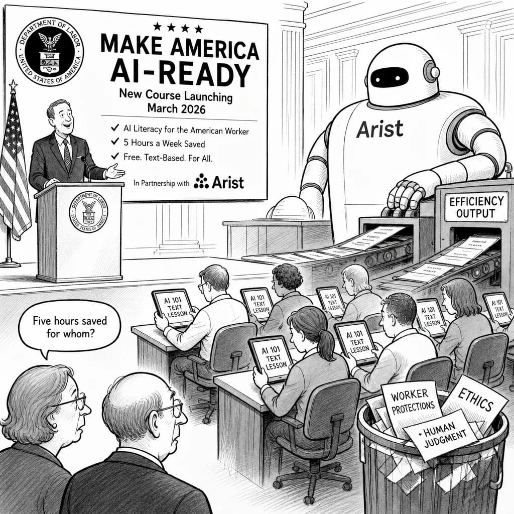 風刺画: 米労働省が「Make America AI-Ready」コース開始、週5時間の業務効率化で労働者のリスキリング推進