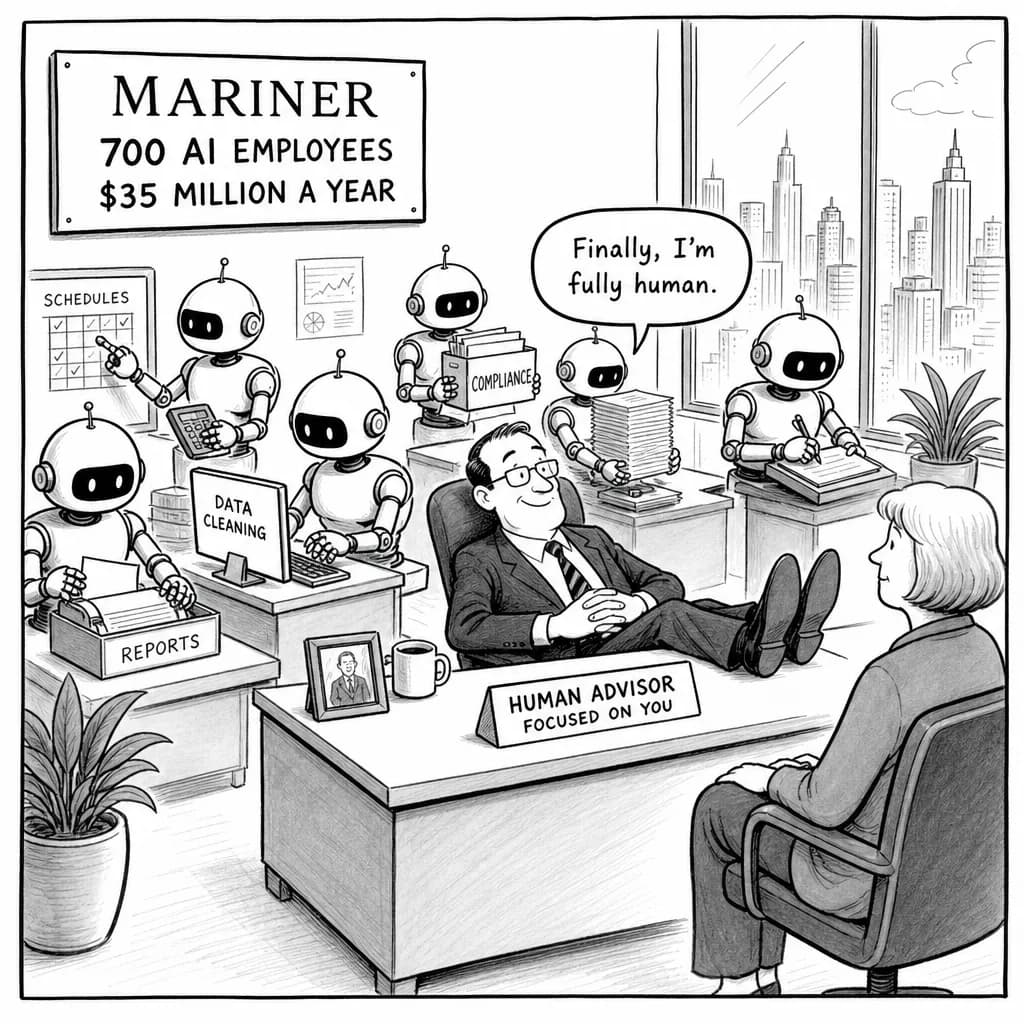 風刺画: 資産運用大手Mariner、700人分のAI労働力に年間3500万ドル投資 ロボアドバイザーとは異なる「人間支援型」AI戦略が浮上