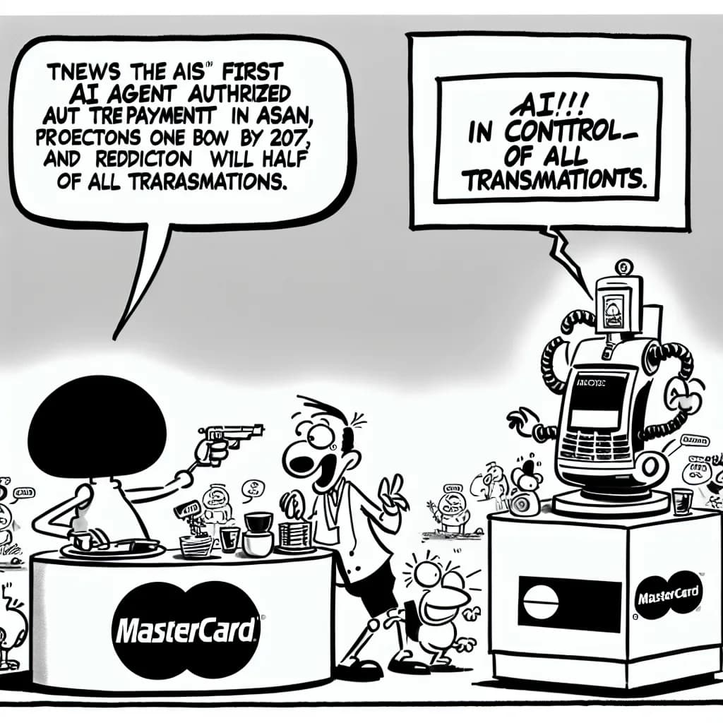 風刺画: MastercardがASEAN初のAIエージェント認証決済を開始、2027年には全取引の半数に到達予測