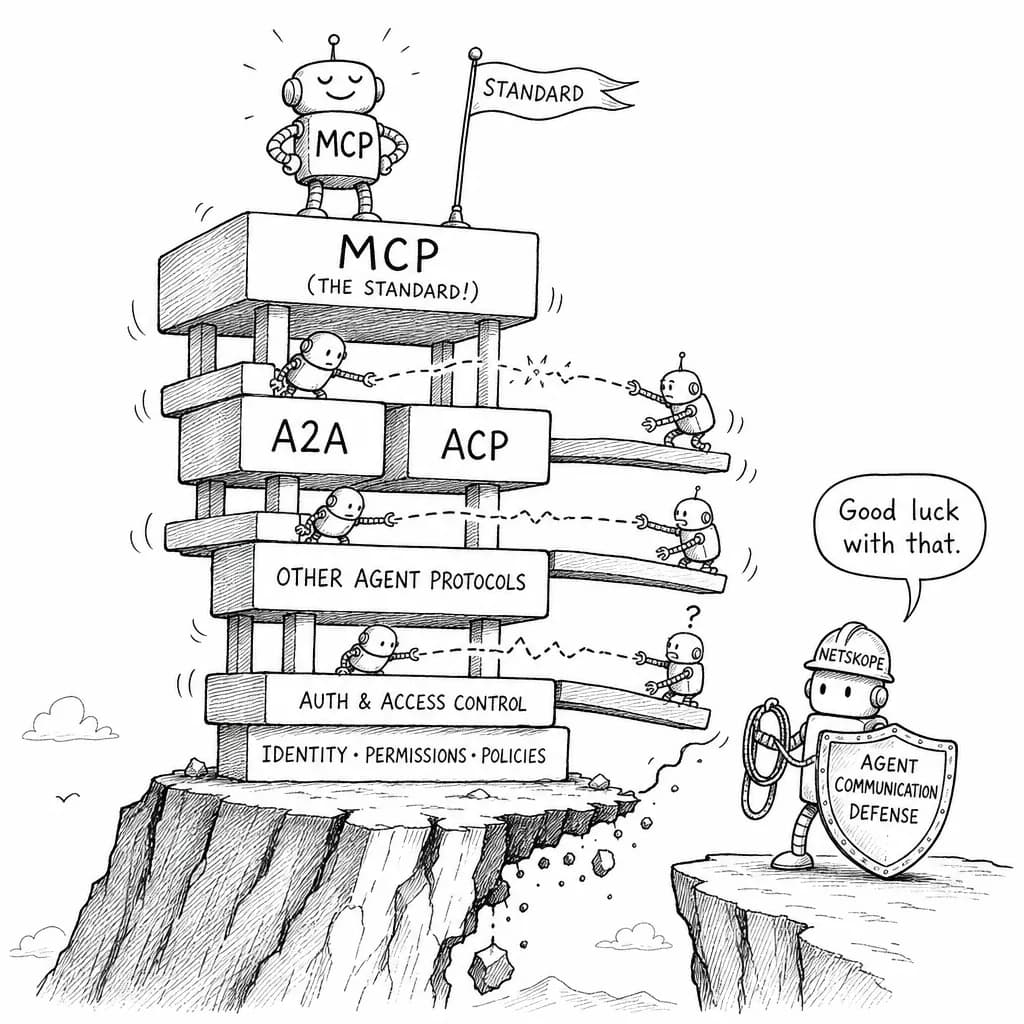 風刺画: MCPは『標準』でもエージェント間通信は守れない――A2A・ACPとの多層構造にセキュリティが追いつかない