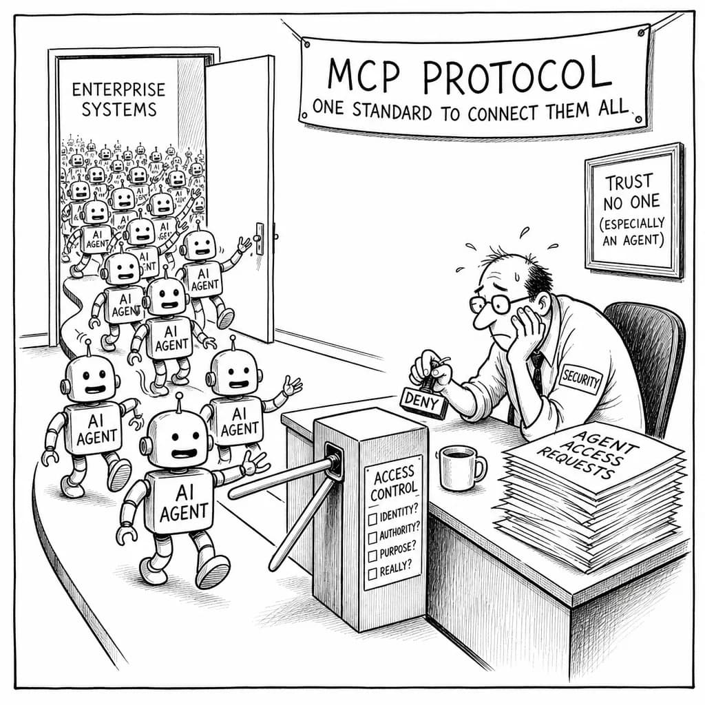 風刺画: MCPプロトコルがAIエージェント通信の標準化を推進、企業セキュリティに新たな課題