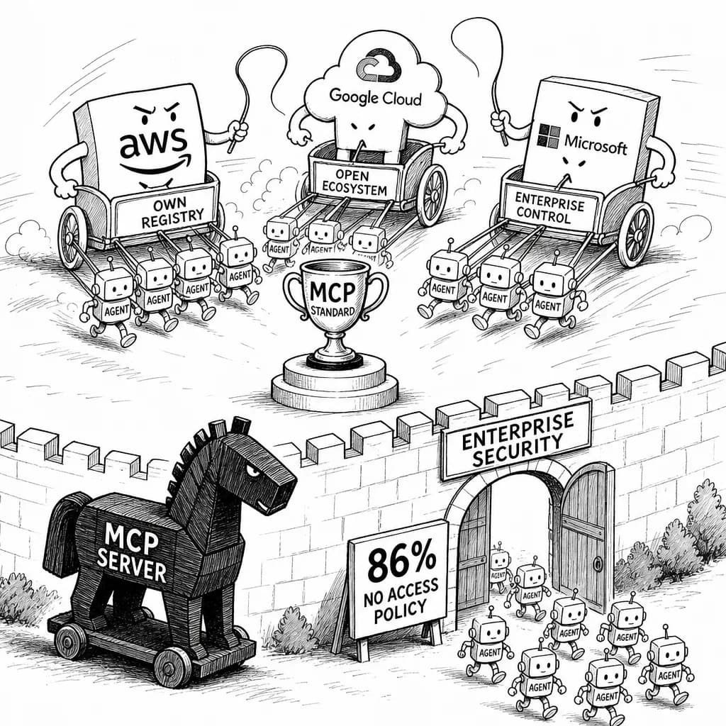 風刺画: MCPプロトコルがエージェント通信の標準化競争を激化、AWS・Google・Microsoftが覇権争い