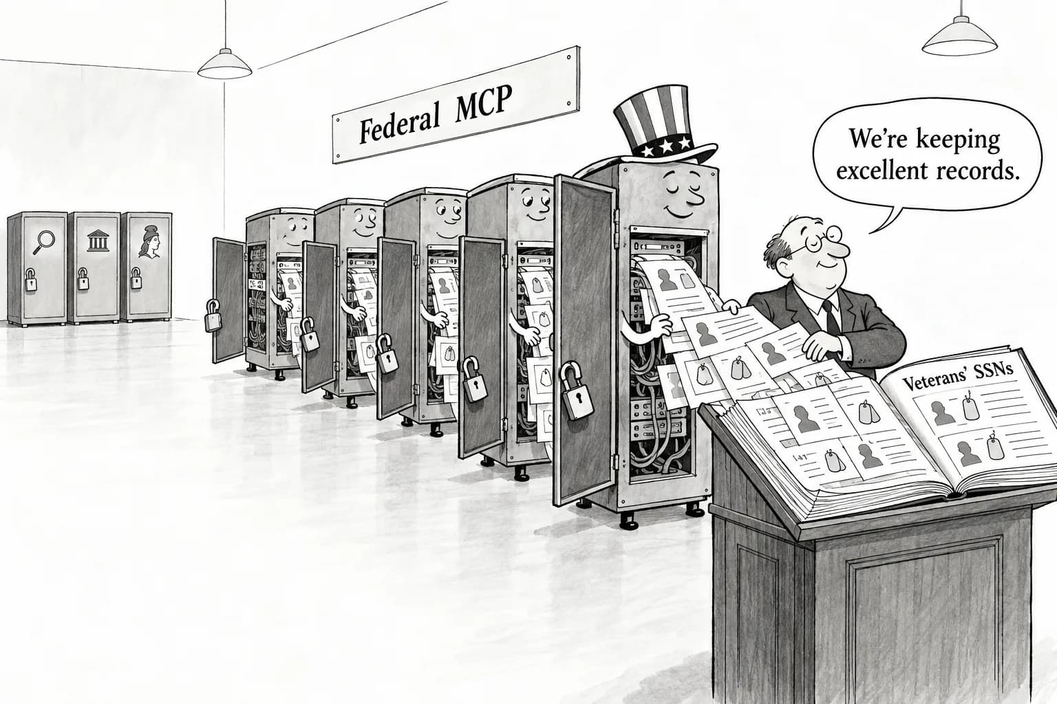 Editorial cartoon: Google, JPMorgan and the French government fixed the same MCP flaw, but five US federal servers reportedly remain unpatched and logged veterans' SSNs in error responses without redaction